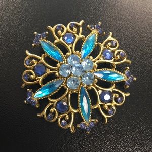 Turquoise Indigo & Blue Rhinestone Brooch